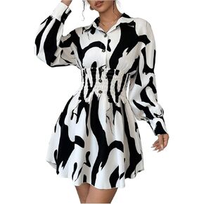 GORGLITTER Women's Graphic Button Up T Shirt Dress Long Sleeve Shirred Flared Mini Dresses