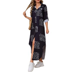 Shirt Dresses for Women Long Sleeve Button Down Casual Loose Side Split Blouse Maxi Dress with Pockets