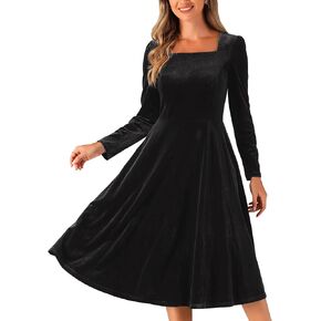 Allegra K Square Neck Dress for Women's Pocket High Waist Puff Long Sleeve Elegant Velvet Dresses