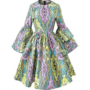 Women's African Ruffle Long Sleeve Dress Ankara Print Maxi Dresses