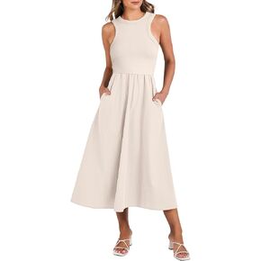 ANRABESS Women's Summer Casual Sleeveless Midi Sundress Patchwork Knit High Neck Tank Top Racerback Flowy Dresses Pockets