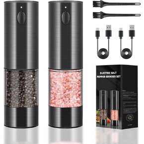Upgraded Larger Capacity Electric Salt and Pepper Grinder Set Rechargeable with LED lights, Stainless Steel Automatic Salt and Pepper Mill Set Refillable with 5 Adjustable Coarseness