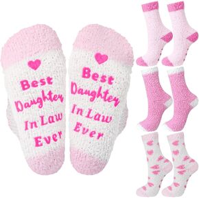 3 Pairs Best Daughter in Law Socks Gifts for Her Women Coral Fleece Pink Heart Sock Gift for Christmas Birthday Mother