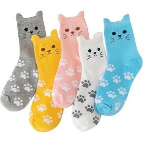 YYaaloa Womens Novelty Casual Crew Socks Cat Print Colorful Dress Fancy Flower Cotton Ankle Dress Socks Size 6-8 (Cat 01-5Pairs)