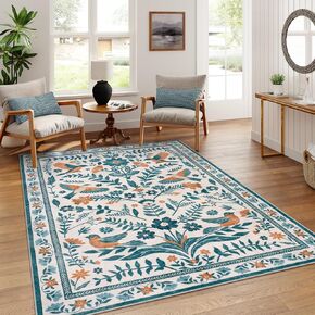 LIVEBOX Washable Rug 8x10, Soft Vintage Large Living Room Rug, Non-Slip Boho Dark Green Area Rug for Bedroom, Ultra-Thin Floral Birds Mat Non-Shedding Indoor Carpet for Dining Room Nursery, Green