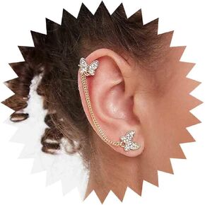 Vintage Crystal Butterfly Chain Cuff Earrings Gold Cz Butterfly Ear Cuff Chain Earrings Butterfly Chain Wrap Around Earrings Jewelry for Women