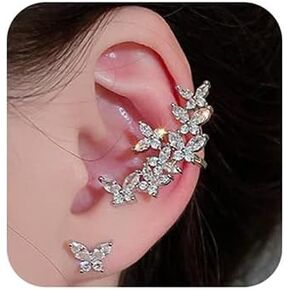 Jumwrit Crystal Butterfly Ear Cuff Earrings 925 Sterling Silver Earrings Mismatch Earrings Stud Ear Cuff Wrap Clip on Crawler Climber for Women