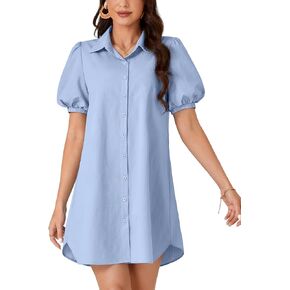 Rooscier Women's Collar Button Down Puff Short Sleeve Causal Mini Shirt Dress
