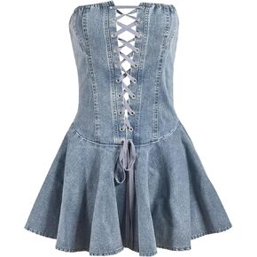 Womens Jean Dress Summer Sexy Off Shoulder Strapless Mini Dress Casual Lace-Up Cocktail Dresses for Women