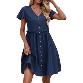 Zeagoo Button Down Summer Dress 2025 Spring Flutter Sleeve Cotton Linen Dress with Pockets Beach A Line Casual Dress