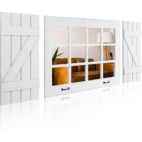 Window Pane Mirror Wall Decor with Shutters, XXL Farmhouse Decorative Wall Mirror, Vintage White