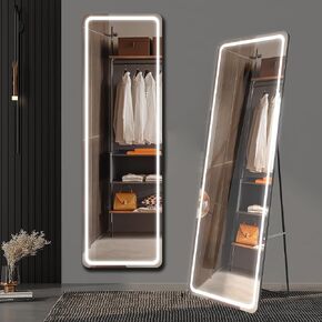 Led Full Length Mirror with Stand 63"x 20" 3 Color Modes Dimmable Lights, Lighted Full Body Mirror Leaning Wall Mounted Large Floor Mirror for Bedroom Cloakroom Living Room