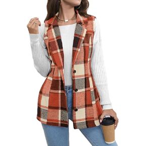 Mywinway Plaid Vest for Women 2024 Fall Winter Sleeveless Lapel Neck Long Blazer Jackets Cardigan Outerwear