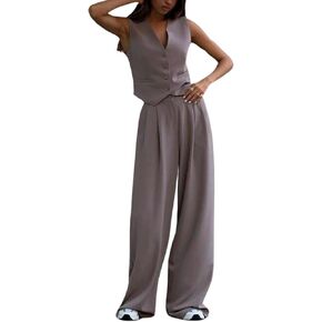 Spring and Summer Women 2 Piece Set Outfits V Neck Vest Button Down Vest and Pants Set for Casual Business