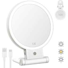 1X 10X Lighted Makeup Mirror, Rechargeable 8" Vanity Magnifying Mirror with Lights 3 Color Setting, 2 Sided LED Vanity Folding Cosmetic Desk Mirror, Hanging Magnification Mirror with Handle