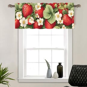 1 Panel Farmhouse Fruit Curtain Valance for Windows, Retro Rustic Strawberry Floral Rod Pocket Short Window Treatment Decor Drapes for Kitchen, Bathroom, 54" X 18"