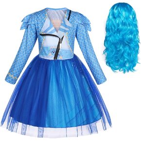 WonderBabe Girls Rise Red Costumes Kids Bridget Descendants Long Sleeve Dress Halloween Birthday Party Outfits with Wig