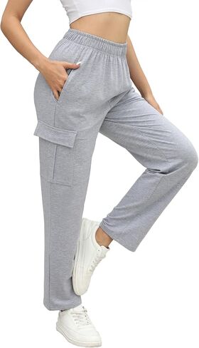 Cargo Sweatpants for Women Casual High Waisted Wide Leg Baggy Fleece Jogger Pants with Pocket in Saudi Arabia