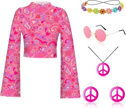60s 70s Outfits for Women 6 Pcs Hippie Costume Disco Set 70s Costume Tops Peace Sign Necklace Earrings Headband S-XXL in Saudi Arabia