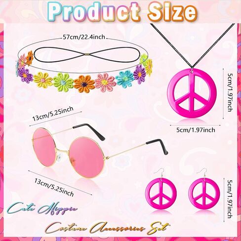 60s 70s Outfits for Women 6 Pcs Hippie Costume Disco Set 70s Costume Tops Peace Sign Necklace Earrings Headband S-XXL in Saudi Arabia