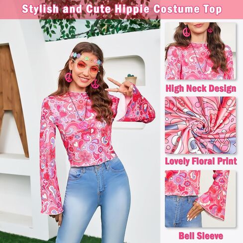 60s 70s Outfits for Women 6 Pcs Hippie Costume Disco Set 70s Costume Tops Peace Sign Necklace Earrings Headband S-XXL in Saudi Arabia