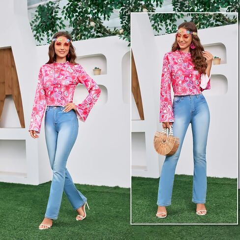 60s 70s Outfits for Women 6 Pcs Hippie Costume Disco Set 70s Costume Tops Peace Sign Necklace Earrings Headband S-XXL in Saudi Arabia