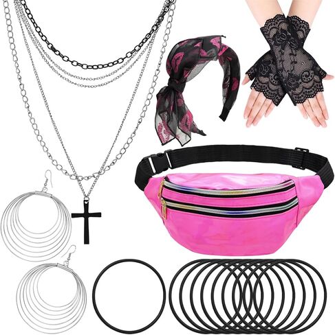 15 Pcs 80s Accessories for Women Fancy Costume Set Bow Headband Gloves Earrings Necklace Bracelet Fanny Pack Party in Kuwait