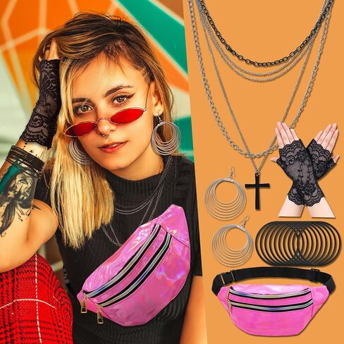 15 Pcs 80s Accessories for Women Fancy Costume Set Bow Headband Gloves Earrings Necklace Bracelet Fanny Pack Party in Kuwait