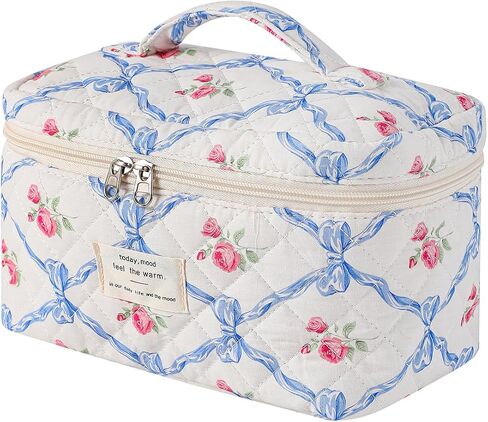 3Pcs Large Quilted Makeup Bag for Women and Girls, Cute Coquette Floral Cotton Cosmetic Bag, Aesthetic Travel Organized Toiletry Bags (3Pcs Pink Bows) in Saudi Arabia