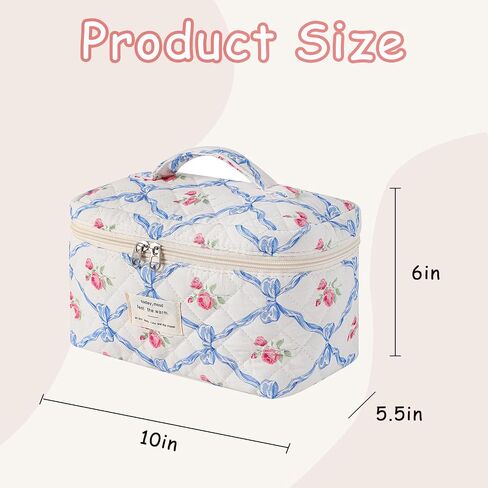 3Pcs Large Quilted Makeup Bag for Women and Girls, Cute Coquette Floral Cotton Cosmetic Bag, Aesthetic Travel Organized Toiletry Bags (3Pcs Pink Bows) in Saudi Arabia