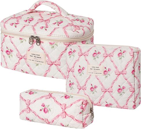 3Pcs Large Quilted Makeup Bag for Women and Girls, Cute Coquette Floral Cotton Cosmetic Bag, Aesthetic Travel Organized Toiletry Bags (3Pcs Pink Bows) in Saudi Arabia