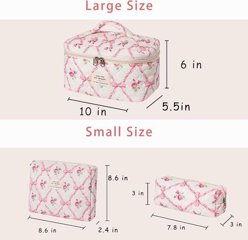 3Pcs Large Quilted Makeup Bag for Women and Girls, Cute Coquette Floral Cotton Cosmetic Bag, Aesthetic Travel Organized Toiletry Bags (3Pcs Pink Bows) in Saudi Arabia