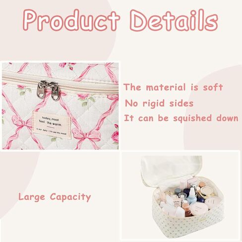 3Pcs Large Quilted Makeup Bag for Women and Girls, Cute Coquette Floral Cotton Cosmetic Bag, Aesthetic Travel Organized Toiletry Bags (3Pcs Pink Bows) in Saudi Arabia