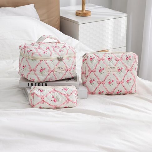 3Pcs Large Quilted Makeup Bag for Women and Girls, Cute Coquette Floral Cotton Cosmetic Bag, Aesthetic Travel Organized Toiletry Bags (3Pcs Pink Bows) in Saudi Arabia