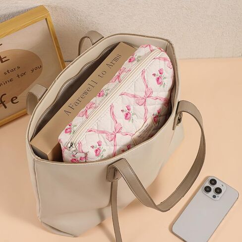 3Pcs Large Quilted Makeup Bag for Women and Girls, Cute Coquette Floral Cotton Cosmetic Bag, Aesthetic Travel Organized Toiletry Bags (3Pcs Pink Bows) in Saudi Arabia