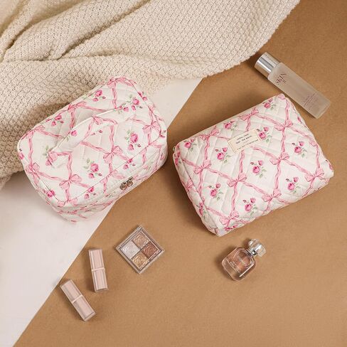 3Pcs Large Quilted Makeup Bag for Women and Girls, Cute Coquette Floral Cotton Cosmetic Bag, Aesthetic Travel Organized Toiletry Bags (3Pcs Pink Bows) in Saudi Arabia