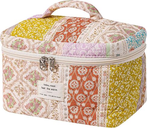 3Pcs Large Quilted Makeup Bag for Women and Girls, Cute Coquette Floral Cotton Cosmetic Bag, Aesthetic Travel Organized Toiletry Bags (3Pcs Pink Bows) in Saudi Arabia