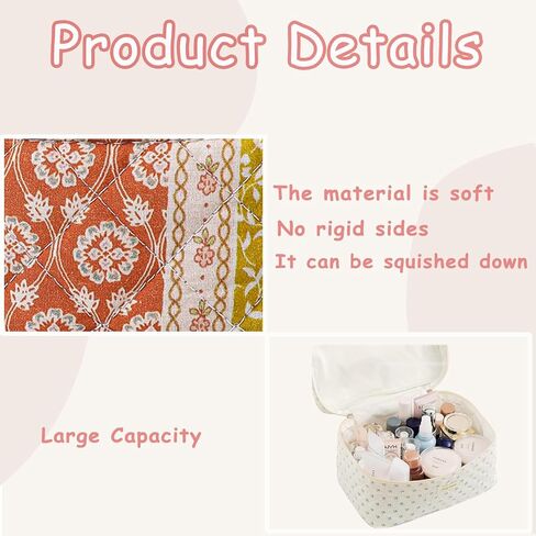 3Pcs Large Quilted Makeup Bag for Women and Girls, Cute Coquette Floral Cotton Cosmetic Bag, Aesthetic Travel Organized Toiletry Bags (3Pcs Pink Bows) in Saudi Arabia