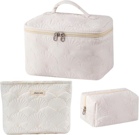 uekeboag White Quilted Cotton Makeup Pouch,Coquette Quilted Toiletry Bag for Women and Girls, Floral Coquette Organizer Bag, Aesthetic Travel Cosmetic Bags(03White Shells) in Saudi Arabia