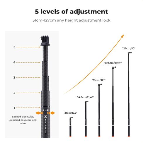 K&F Concept 60 inch Invisible Selfie Stick, Extension Pole compatiable with Insta360 Sports Camera, GoPro, DJI Action, 1/4" Extended Monopod Pole with GoPro Adapter in Kuwait