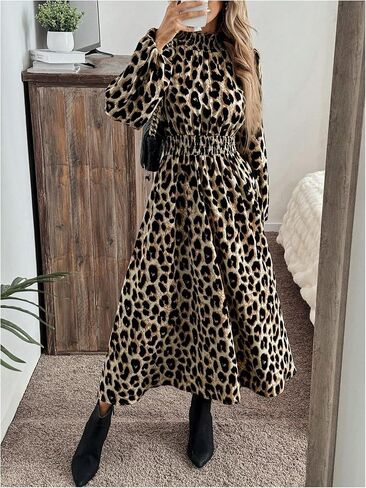 Milumia Women's Leopard Lantern Long Sleeve Shirred Dress Flared Hem A Line Maxi Dresses in Saudi Arabia