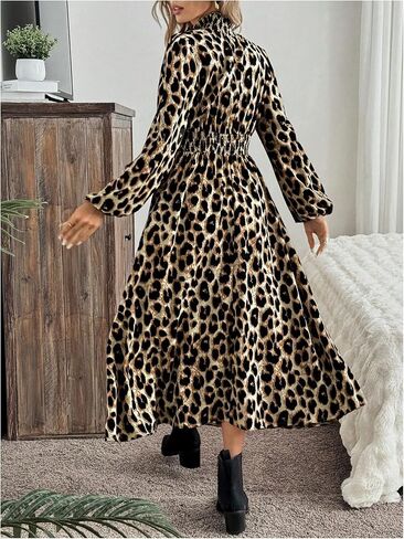 Milumia Women's Leopard Lantern Long Sleeve Shirred Dress Flared Hem A Line Maxi Dresses in Saudi Arabia