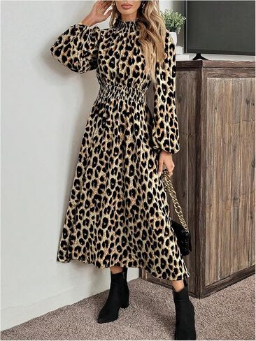 Milumia Women's Leopard Lantern Long Sleeve Shirred Dress Flared Hem A Line Maxi Dresses in Saudi Arabia