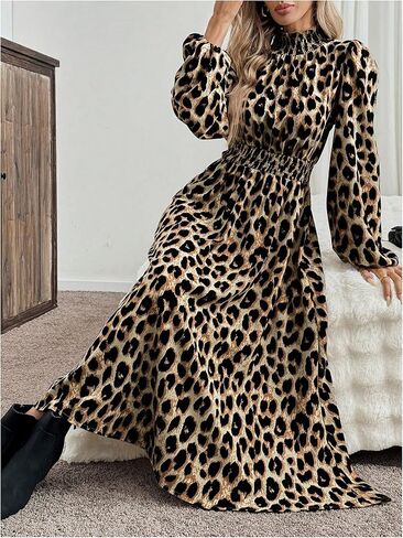 Milumia Women's Leopard Lantern Long Sleeve Shirred Dress Flared Hem A Line Maxi Dresses in Saudi Arabia
