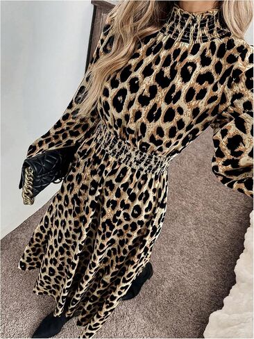 Milumia Women's Leopard Lantern Long Sleeve Shirred Dress Flared Hem A Line Maxi Dresses in Saudi Arabia