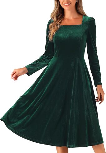 Allegra K Square Neck Dress for Women's Pocket High Waist Puff Long Sleeve Elegant Velvet Dresses in Saudi Arabia
