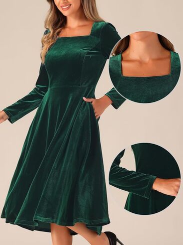 Allegra K Square Neck Dress for Women's Pocket High Waist Puff Long Sleeve Elegant Velvet Dresses in Saudi Arabia