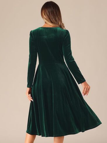 Allegra K Square Neck Dress for Women's Pocket High Waist Puff Long Sleeve Elegant Velvet Dresses in Saudi Arabia
