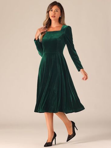 Allegra K Square Neck Dress for Women's Pocket High Waist Puff Long Sleeve Elegant Velvet Dresses in Saudi Arabia
