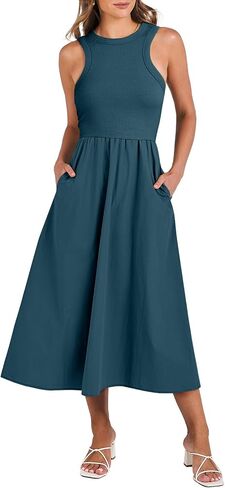 ANRABESS Women's Summer Casual Sleeveless Midi Sundress Patchwork Knit High Neck Tank Top Racerback Flowy Dresses Pockets in Saudi Arabia